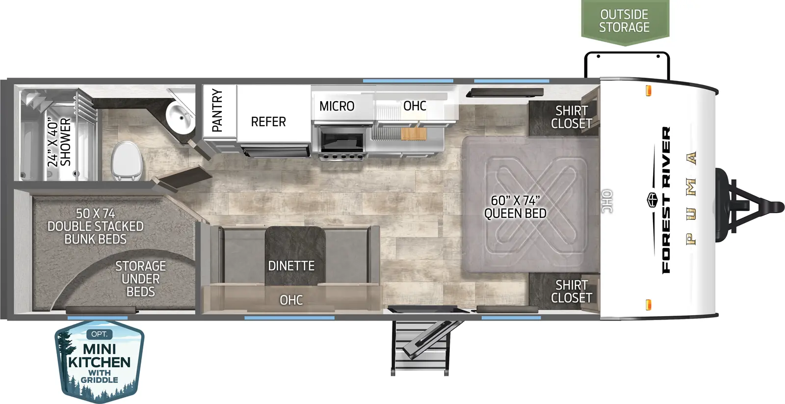 The Puma Camping Edition 20BHCE floorplan has one entry and zero slide outs. Exterior features include: metal exterior, 12' awning and outside kitchen. Interiors features include: bunk beds and front bedroom.